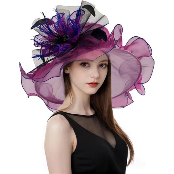 Women Organza Church Tea Party Hats Floral Deep Purple - Picture 1 of 7